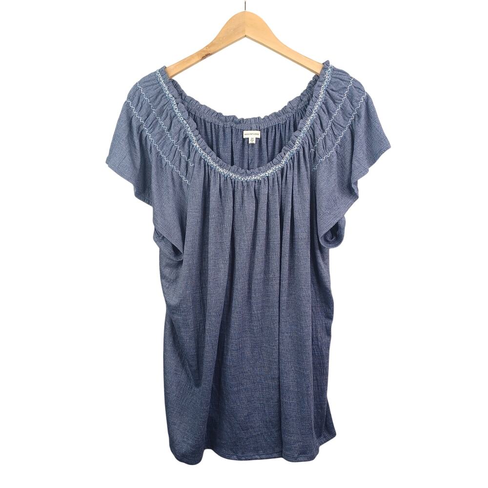 Max Studio Women's Smocked Flutter Sleeve Top‎ Size 2X Blue Stretch Knit Boho